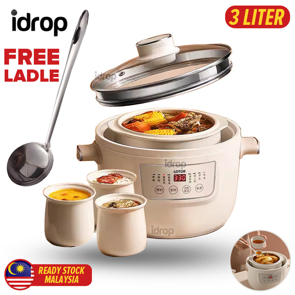 idrop [ 3 Liter ] Electric Multifunction Stew Pot With Ceramic Casserole Pot 400W / Periuk Memasak Pelbagai Guna Seramik / 白色电炖点四胆400W