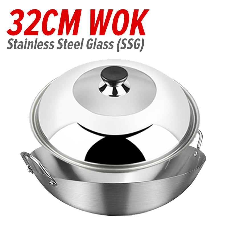 idrop Cooking Wok Double Ear Stainless Steel 304 26CM~36CM / Periuk Masak Keluli Tahan Karat 304 / 26CM-36CM不锈钢双耳砂光炒锅