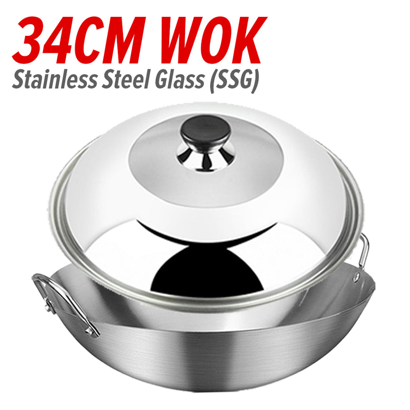 idrop Cooking Wok Double Ear Stainless Steel 304 26CM~36CM / Periuk Masak Keluli Tahan Karat 304 / 26CM-36CM不锈钢双耳砂光炒锅