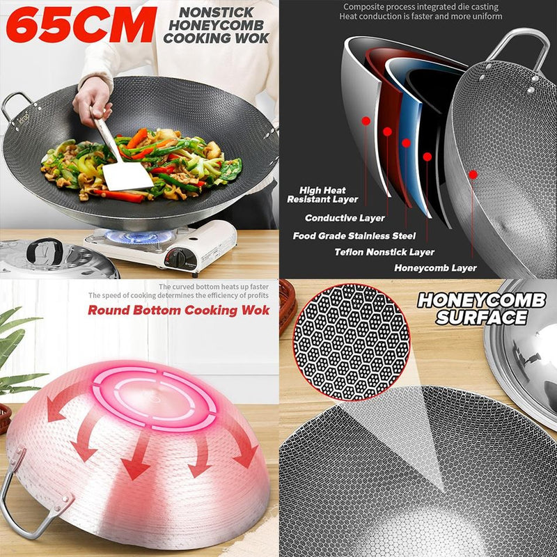 idrop [ TOP SUPER COMBO SET ] 65CM Cooking Wok & Lid Cover & Long Spatula Ladle & 40CM Wok & 28CM Wok & 34CM Wok / Kuali Masak Nonstick Honeycomb 65CM & Penutup Tudung & Senduk Spatula Panjang & Kuali 40CM & Kuali 28CM & Kuali 34CM