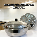 idrop 36CM Stainless Steel Steamer Wok Double Handle Cooking Pot Steam Fry Compatible Kitchen Cookware Periuk Kukus Keluli Tahan Karat Kuali Kukus Dua Pemegang Periuk Kukus dan Goreng Dapur Induksi dan Dapur Gas Peralatan Dapur Rumah (S)