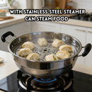idrop 36CM Stainless Steel Steamer Wok Double Handle Cooking Pot Steam Fry Compatible Kitchen Cookware Periuk Kukus Keluli Tahan Karat Kuali Kukus Dua Pemegang Periuk Kukus dan Goreng Dapur Induksi dan Dapur Gas Peralatan Dapur Rumah (S)