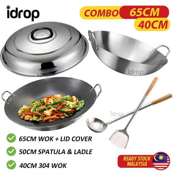 idrop [ SUPER COMBO SET ] 65CM Mega Large Honeycomb Nonstick Cooking Wok with Lid Cover & Long Spatula Ladle & 40CM Wok Double Ear 304 / Periuk Honeycomb Saiz Besar Berpenutup 65CM & Senduk dan Spatula & 40CM Periuk  Karat 304