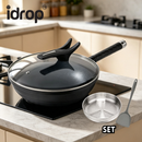 idrop 32CM Blue Crystal Non Stick Wok with Steamer & Spatula Flat Bottom Frying Pan for Gas Stove & Induction Cooker Kuali Blue Crystal 32CM Dengan Pengukus & Spatula Periuk Leper Anti Lekat Sesuai Untuk Dapur Gas & Induksi (S)