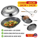 idrop [ TOP SUPER COMBO SET ] 65CM Cooking Wok & Lid Cover & Long Spatula Ladle & 40CM Wok & 28CM Wok & 34CM Wok / Kuali Masak Nonstick Honeycomb 65CM & Penutup Tudung & Senduk Spatula Panjang & Kuali 40CM & Kuali 28CM & Kuali 34CM