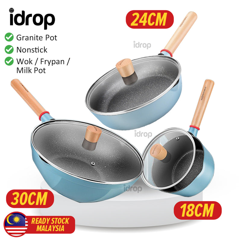 idrop [ 18CM / 24CM / 30CM ] Nonstick Granite Cooking Wok Frypan and Milk Pot / Periuk Kuali Masak Batu Tidak Lekat / 京瓷蓝回飞不粘奶锅单柄不粘炒锅单柄不粘煎锅