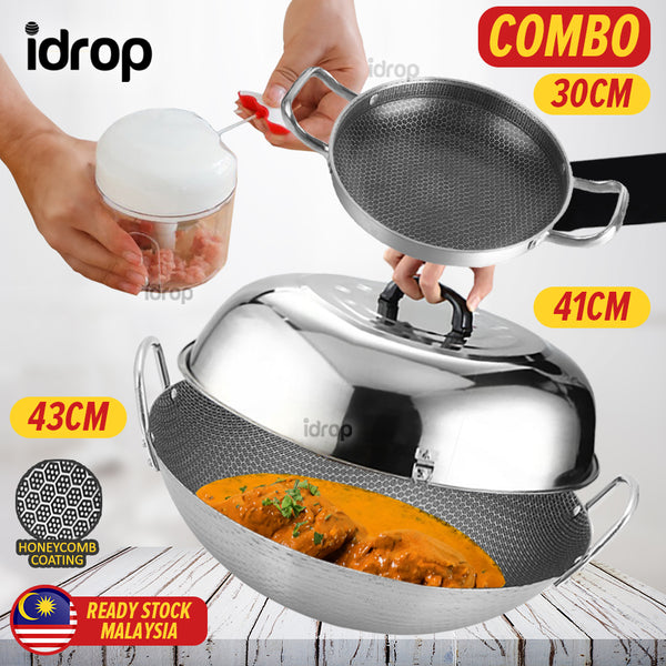 idrop [ RM109 COMBO ] 43CM Honeycomb Cooking Wok + 41CM Lid Cover + 30CM Frying Pan + Garlic Cutter / Set Combo Periuk Wok + Penutup + Periuk Rata + Pengisar Bawang