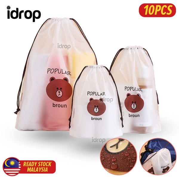 idrop [ 10PCS Pack ] Bear Frosted Drawstring Bag Waterproof Travel Pack / Beg Mudah Alih Kalis Air / 小熊磨砂抽绳袋