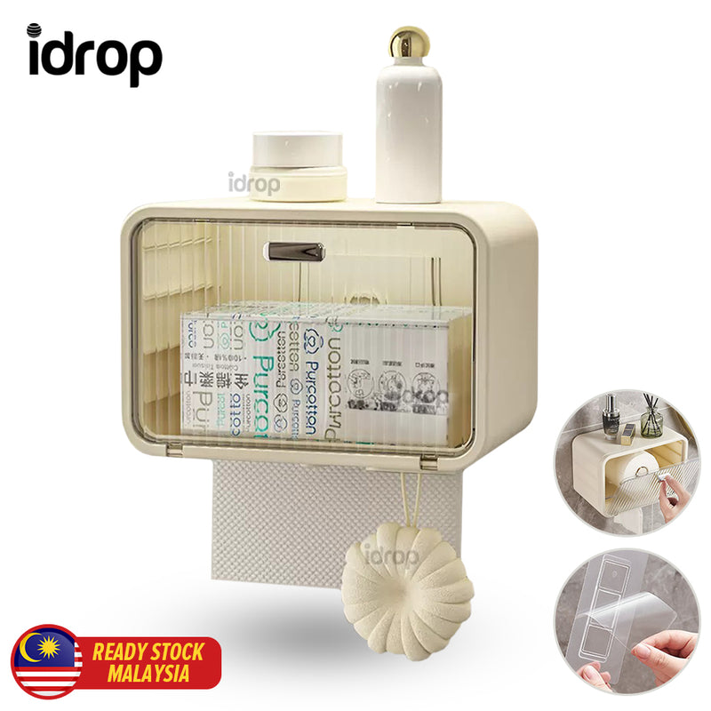 idrop Wall Mounted Tissue Storage Box With Transparent Window / Kotak Bekas Penyimpanan Tisu Dinding / (强力胶)透明白壁挂洗脸巾收纳盒