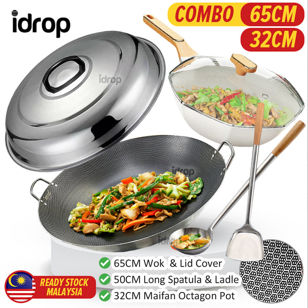 idrop [ SUPER COMBO SET ] 65CM Mega Large Honeycomb Nonstick Cooking Wok with Lid Cover & Long Spatula Ladle & 32CM Octagon Maifan Wok / Periuk Honeycomb Saiz Besar Berpenutup 65CM & Senduk dan Spatula & Maifan Wok 32CM