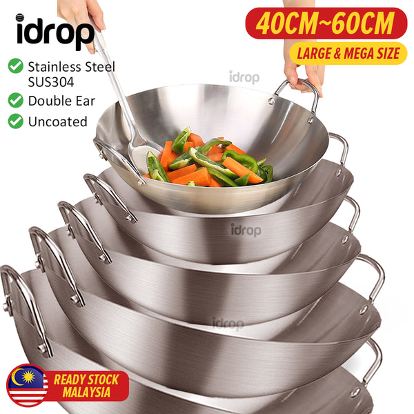 idrop Cooking Wok Double Ear Stainless Steel 304 40CM~60CM / Periuk Masak Keluli Tahan Karat 304 / 40CM-60CM不锈钢双耳砂光炒锅