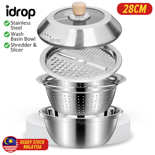 idrop 28CM Stainless Steel Multifunction Wash Basin Bowl /  Mangkuk Besen Basuh Pelbagai Fungsi Keluli Tahan Karat 28CM / 28CM不锈钢多功能洗脸盆碗