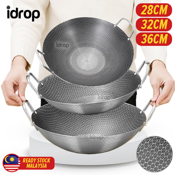 idrop [ 28CM / 32CM / 36CM ] Nonstick Stainless Steel Honeycomb Cooking Wok / Periuk Masak Keluli Tahan Karat Honeycomb / 不锈钢双耳蜂窝炒锅