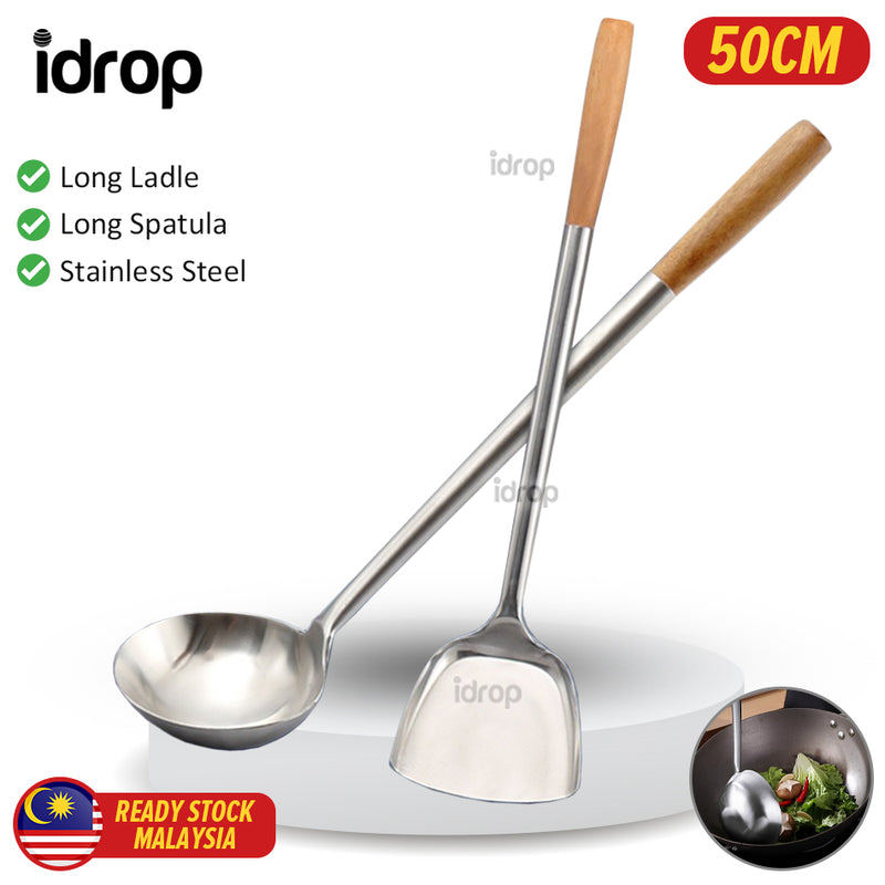 idrop [ 50CM ] Long Stainless Steel Wok Spatula & Ladle / Senduk & Spatula Panjang Keluli Tahan Karat /