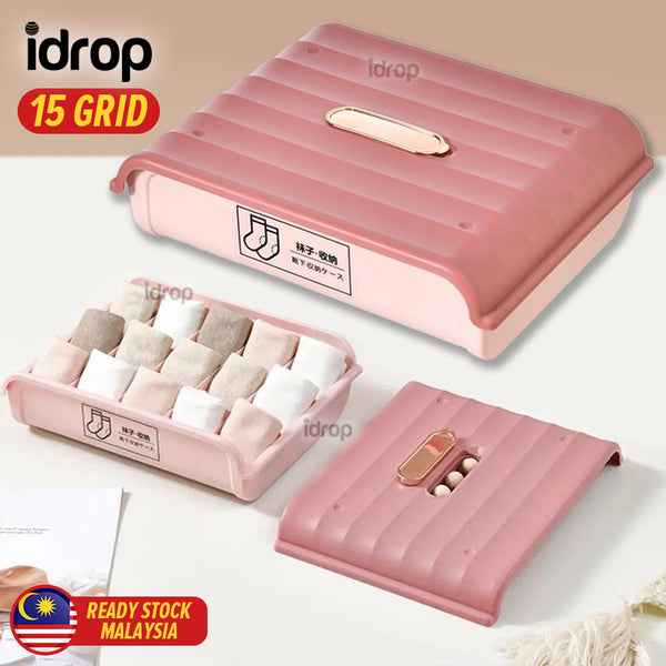 idrop [ 15 Grid ] Sock Storage Box With Organizing Grid / Kotak Bekas Penyimpanan Stokin Dan Pakaian Kecil / 袜子收纳盒有格