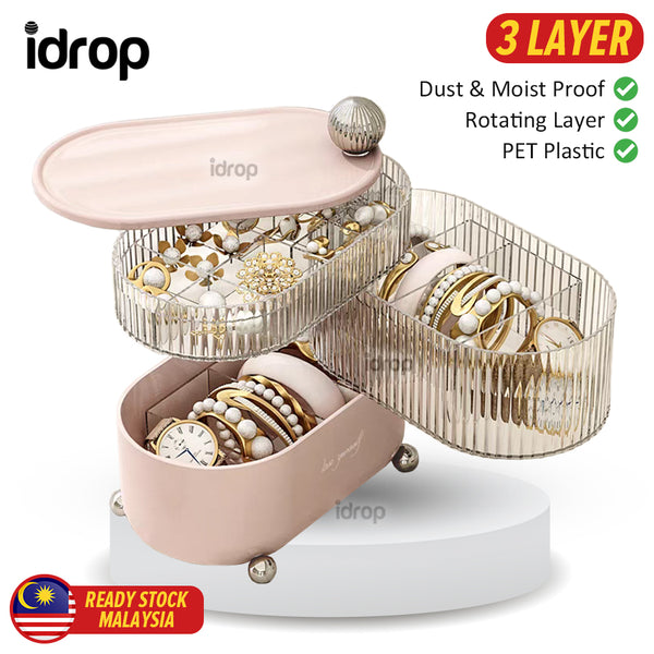 idrop [ 3 LAYER ] Rotating 360 Jewelry Plastic Storage Box / Kotak Penyimpanan Barang Kemas Boleh Putar /