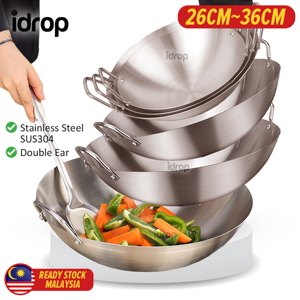 idrop Cooking Wok Double Ear Stainless Steel 304 26CM~36CM / Periuk Masak Keluli Tahan Karat 304 / 26CM-36CM不锈钢双耳砂光炒锅