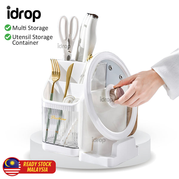 idrop Kitchen Transparent Utensil Chopstick Knife Holder Storage / Bekas Penyimpanan Perkakas Dapur / 塑料透明刀架筷子筒带锅盖座