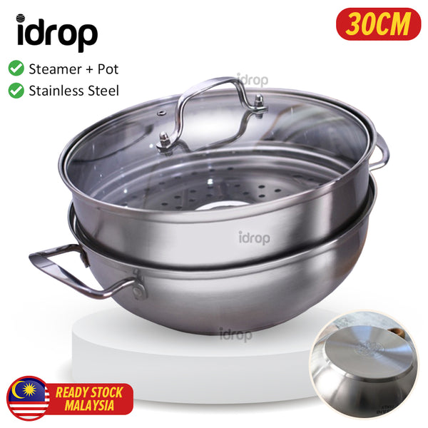 idrop 30CM Stainless Steel Steamer & Cooker / Periuk Masak & Stim Keluli Tahan Karat / 30CM不锈钢蒸锅+炊具