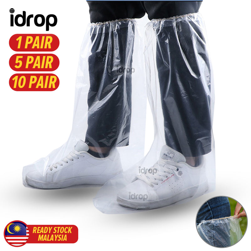 idrop [ 1 / 5 / 10 Pairs ] Disposable Thick Waterproof Shoe Cover For Rainy Days / Sarung Kasut Kalis Air / 批发 一次性鞋套防水加厚下雨天塑料透明脚套长筒养殖靴套脚套