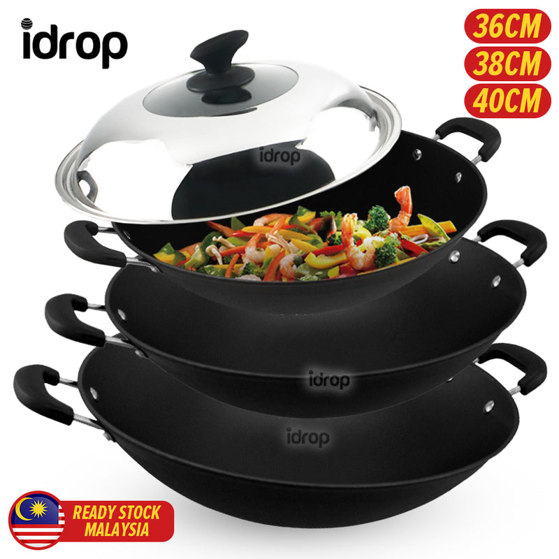 idrop [ 36CM / 38CM / 40CM ] Kitchen Frying Cooking Iron Wok Nonstick / Periuk Besi Masak Tidak Lekat / 厨房油炸烹饪铁锅不粘锅