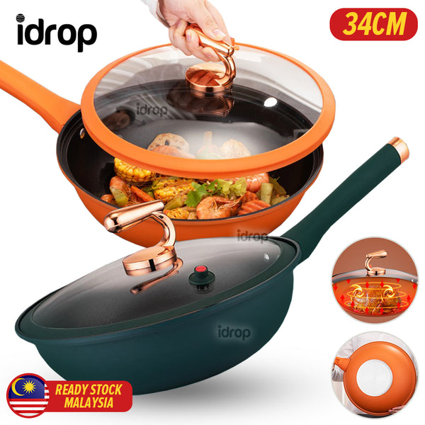 idrop [ 34CM ] Stainless Steel Micro Pressure Single Handle Nonstick Wok / Periuk Masak Tekanan Mikro / 34CM不锈钢微压单柄不粘炒锅(橙/青色)