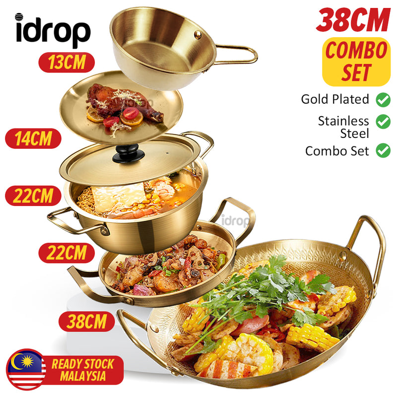 idrop GOLD COMBO SET 38CM Wok Frying Pan Pot Plate Bowl / SET KOMBO EMAS Kuali Periuk Piring dan Mangkuk / 金色组合套装炒锅煎锅锅盘碗