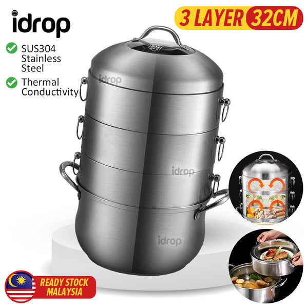 idrop [ 3 LAYER ] 32CM  Cooking Steamer Pot / Periuk Memasak Stim Bertingkat / 32CM节能原味锅(3层蒸锅)(304)