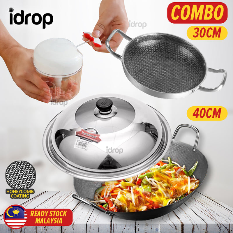 idrop [ RM99 COMBO ] 40CM Honeycomb Cooking Wok + Lid Cover + 30CM Frying Pan + Garlic Cutter / Set Combo Periuk Wok + Penutup + Periuk Rata + Pengisar Bawang