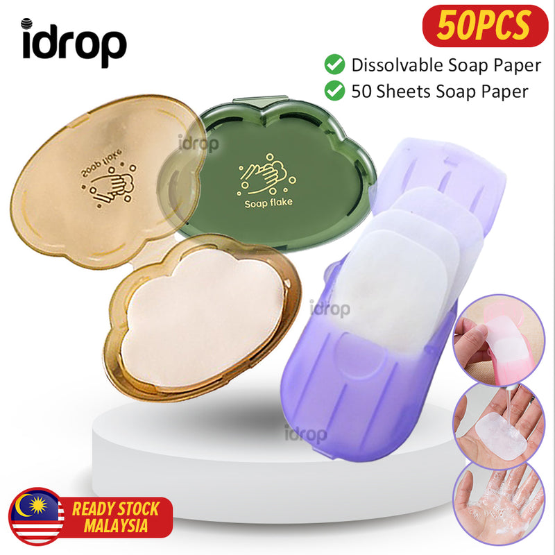 idrop [ 50pcs ] Disposable Pocket Paper Soap Travel Soluble Dissolvable Paper Soap / Kepingan Kertas Sabun Senang Larut / 旅行洗手纸片肥皂片一次性随身香皂片便携式学生皂纸肥皂纸香皂纸