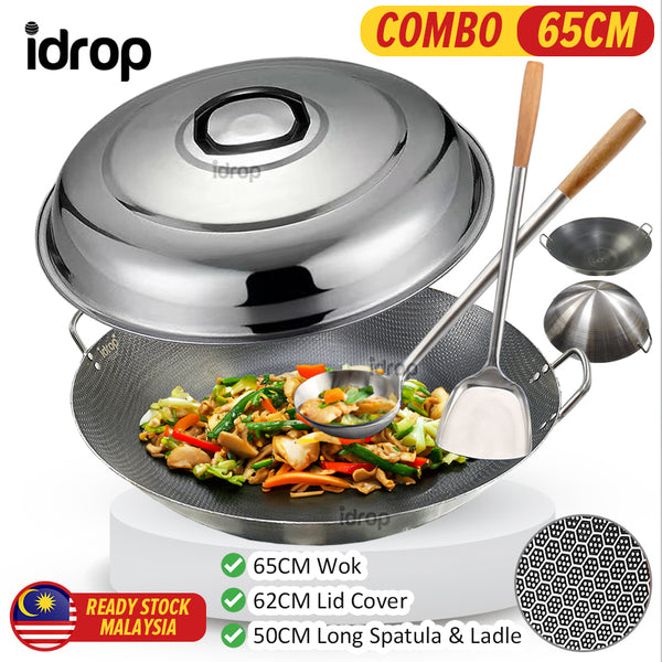 iDrop [ COMBO SET ] 65CM Mega Large Honeycomb Nonstick Cooking Wok with Lid Cover & Long Spatula Ladle / Periuk Honeycomb Saiz Besar Berpenutup 65CM & Senduk dan Spatula / 65CM 超大蜂窝不粘炒锅带盖和长铲勺