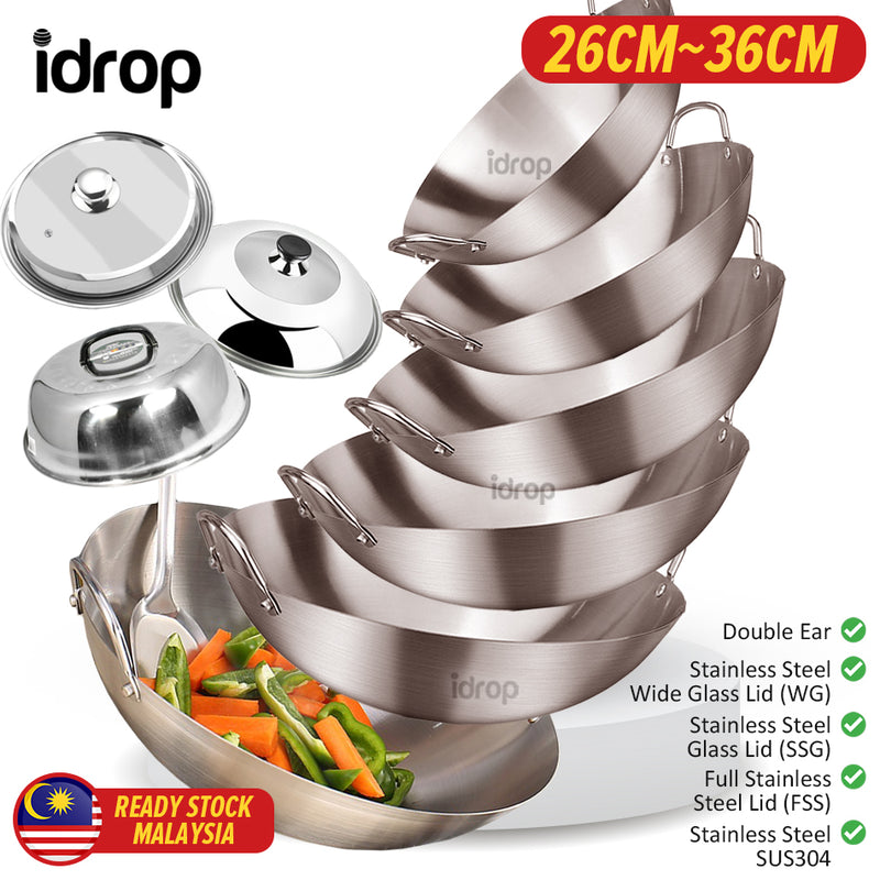 idrop Cooking Wok Double Ear Stainless Steel 304 26CM~36CM / Periuk Masak Keluli Tahan Karat 304 / 26CM-36CM不锈钢双耳砂光炒锅