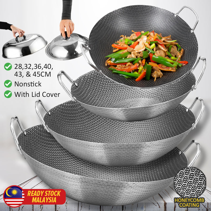 idrop MANY SIZE Nonstick Honeycomb Interior Cooking Wok Cookware [ 28/32/36/40/43/45CM ] / BANYAK SAIZ Kuali Bulat Masak Tidak Lekat Corak Lebah / 双耳不锈钢不粘锅圆底蜂窝炒菜