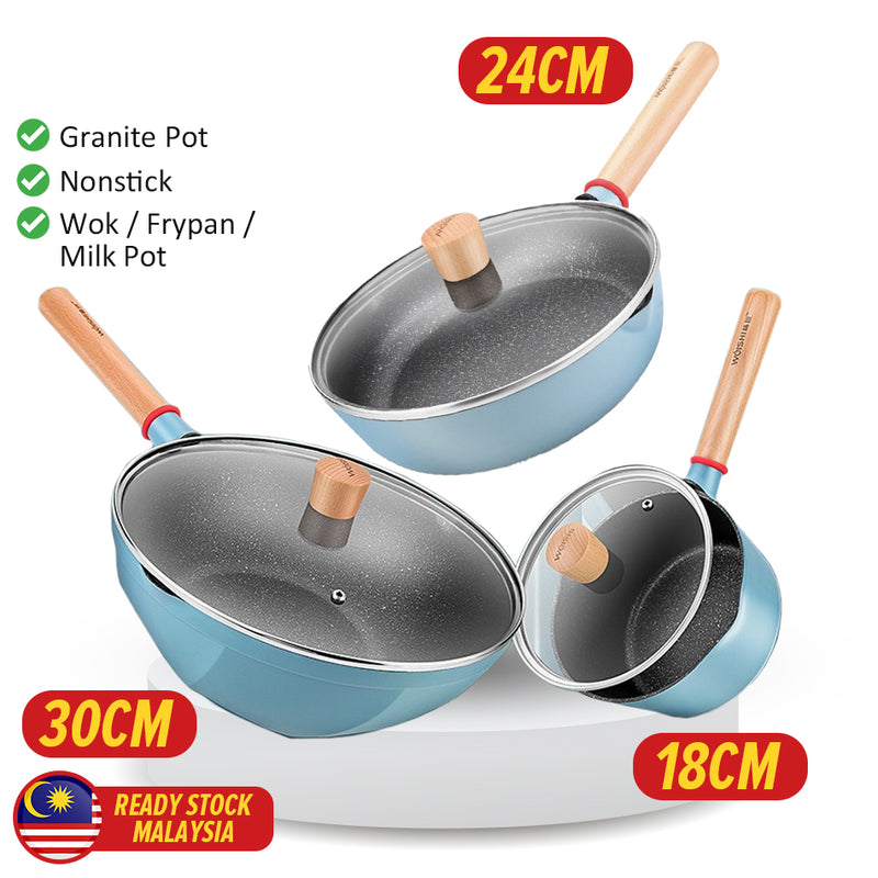 idrop [ 18CM / 24CM / 30CM ] Nonstick Granite Cooking Wok Frypan and Milk Pot / Periuk Kuali Masak Batu Tidak Lekat / 京瓷蓝回飞不粘奶锅单柄不粘炒锅单柄不粘煎锅