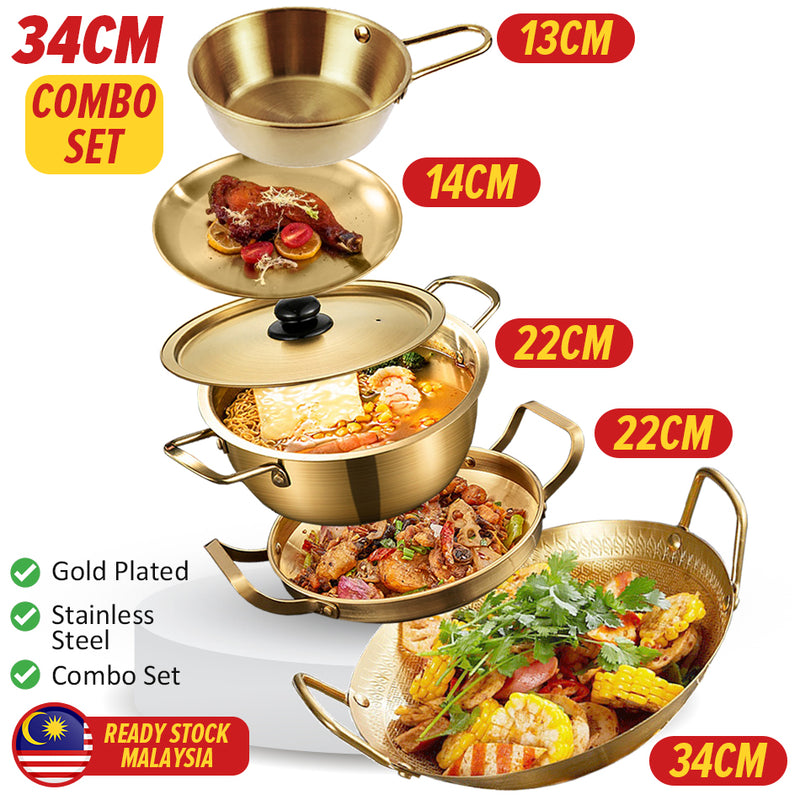 idrop GOLD COMBO SET 34CM Wok Frying Pan Pot Plate Bowl / SET KOMBO EMAS Kuali Periuk Piring dan Mangkuk / 金色组合套装炒锅煎锅锅盘碗