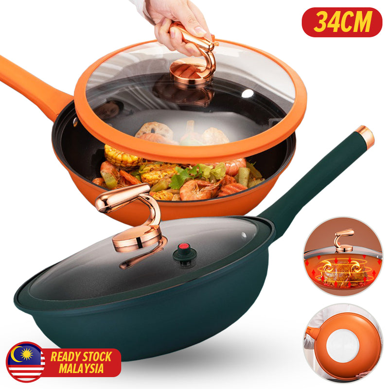 idrop [ 34CM ] Stainless Steel Micro Pressure Single Handle Nonstick Wok / Periuk Masak Tekanan Mikro / 34CM不锈钢微压单柄不粘炒锅(橙/青色)