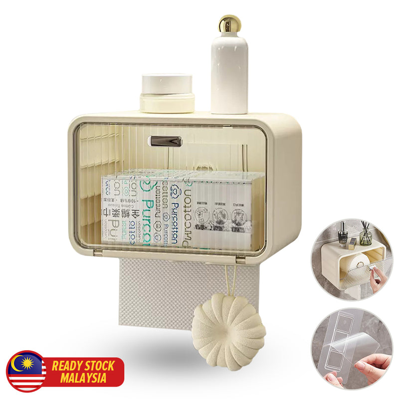 idrop Wall Mounted Tissue Storage Box With Transparent Window / Kotak Bekas Penyimpanan Tisu Dinding / (强力胶)透明白壁挂洗脸巾收纳盒