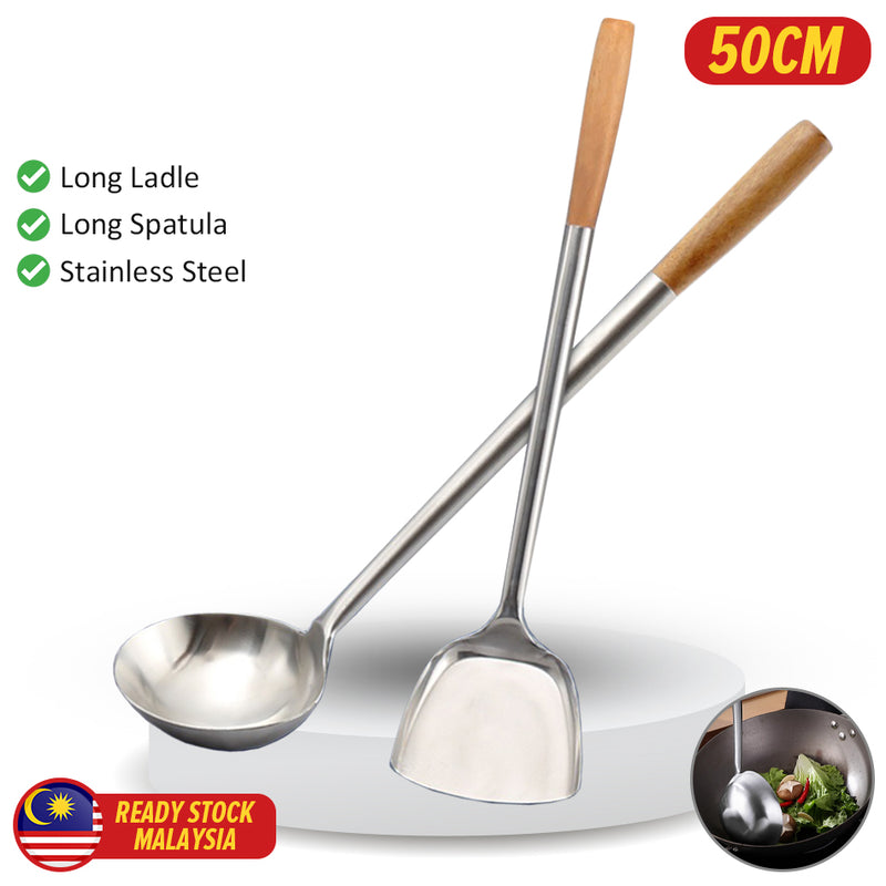 idrop [ 50CM ] Long Stainless Steel Wok Spatula & Ladle / Senduk & Spatula Panjang Keluli Tahan Karat /