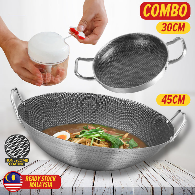 idrop [ RM109 COMBO ] 45CM Honeycomb Cooking Wok + 30CM Frying Pan + Garlic Cutter / Set Combo Periuk Wok + Periuk Rata + Pengisar Bawang