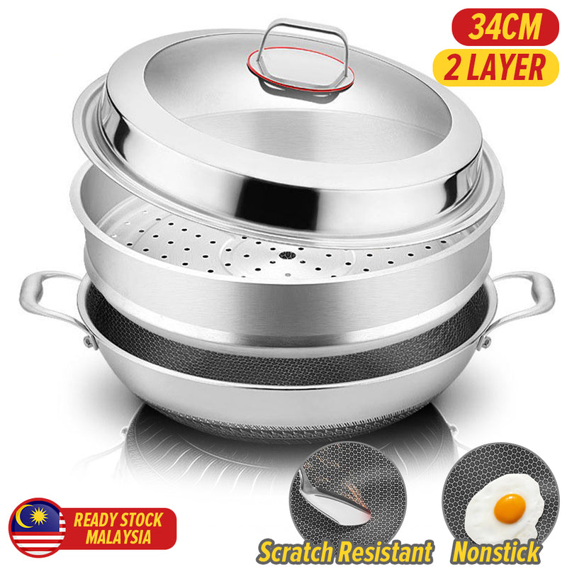 idrop [ 34CM ] Nonstick Honeycomb Stainless Steel Double Ear Cooking Wok Pan with Steam Layer / Periuk Kuali Masak keluli Tahan Karat dan Lapisan Stim / 34CM德国316不锈钢炒锅双耳炒锅商用大炒锅大口径锅蜂窝不粘锅无涂层