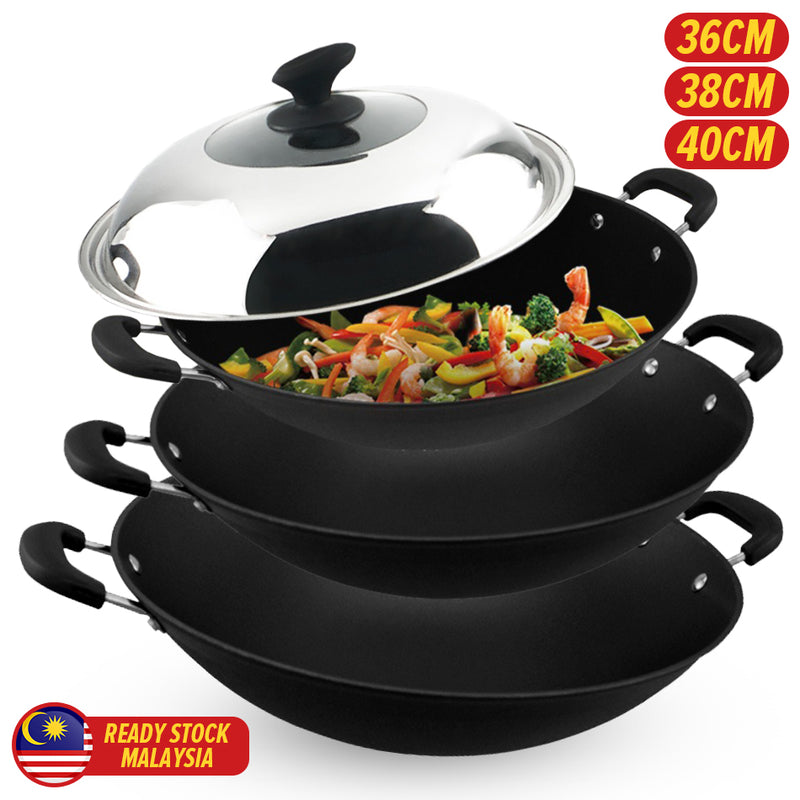 idrop [ 36CM / 38CM / 40CM ] Kitchen Frying Cooking Iron Wok Nonstick / Periuk Besi Masak Tidak Lekat / 厨房油炸烹饪铁锅不粘锅