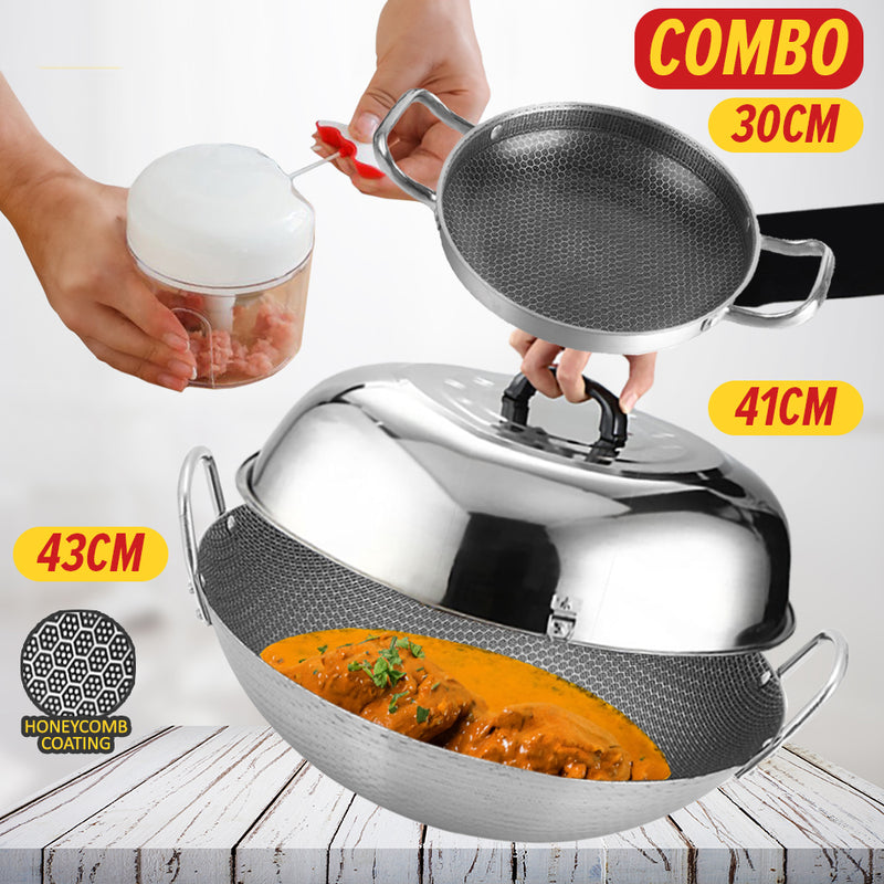 idrop [ RM109 COMBO ] 43CM Honeycomb Cooking Wok + 41CM Lid Cover + 30CM Frying Pan + Garlic Cutter / Set Combo Periuk Wok + Penutup + Periuk Rata + Pengisar Bawang