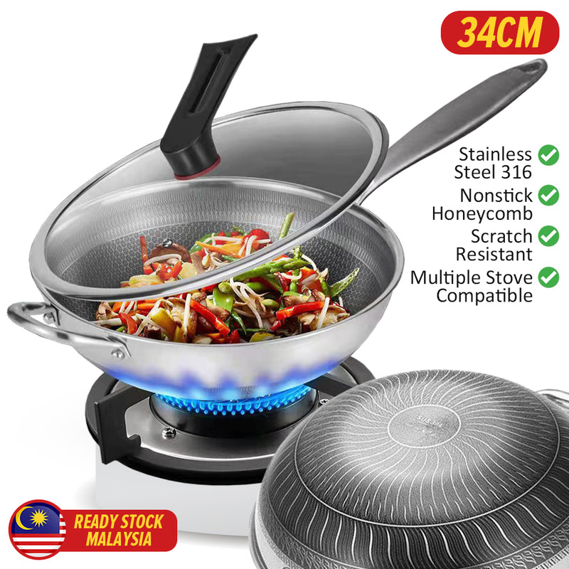 idrop 34CM SUS316 Stainless Steel Non Stick Double Sided Honeycomb Cooking Frying Pan Wok Kuali Memasak Keluli
