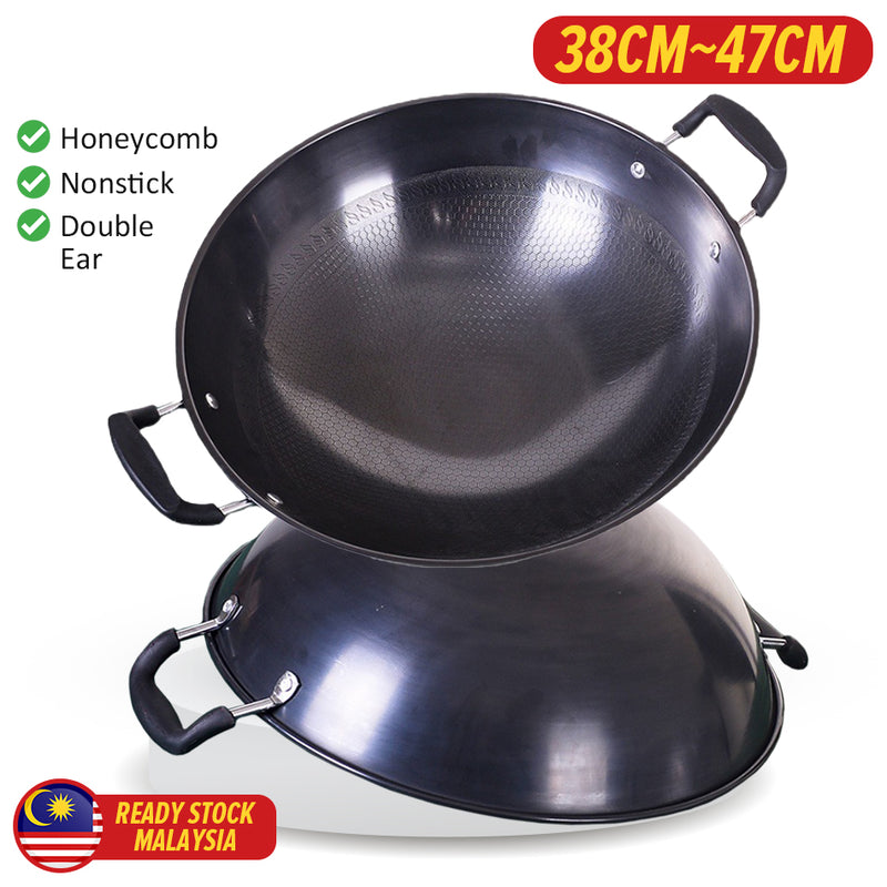 iDrop Honeycomb Nonstick Double Ear Iron Cooking Wok (38CM~47CM) / Kuali Masak Tidak Lekat Bertangkai Dua Corak Lebah / 38CM~47CM双耳蜂窝铁炒锅(铁兴)