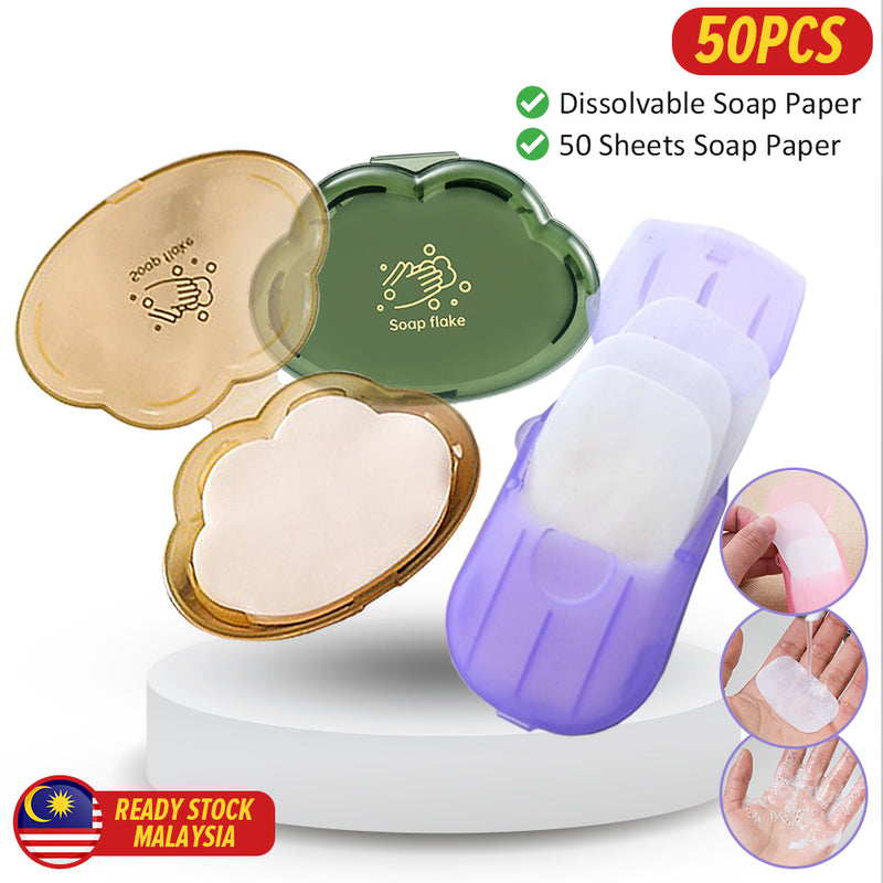 idrop [ 50pcs ] Disposable Pocket Paper Soap Travel Soluble Dissolvable Paper Soap / Kepingan Kertas Sabun Senang Larut / 旅行洗手纸片肥皂片一次性随身香皂片便携式学生皂纸肥皂纸香皂纸