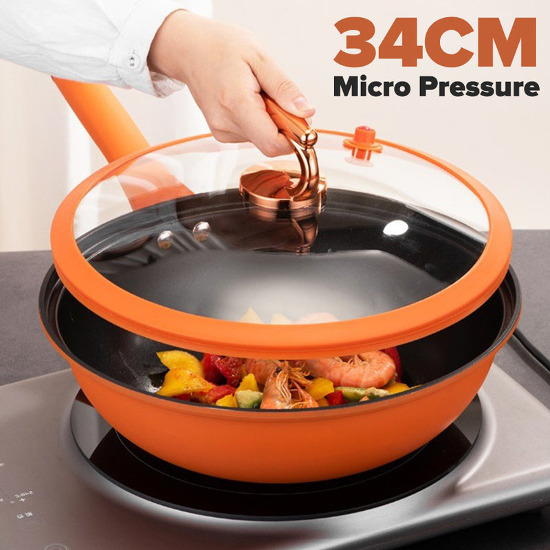 idrop [ 34CM ] Stainless Steel Micro Pressure Single Handle Nonstick Wok / Periuk Masak Tekanan Mikro / 34CM不锈钢微压单柄不粘炒锅(橙/青色)