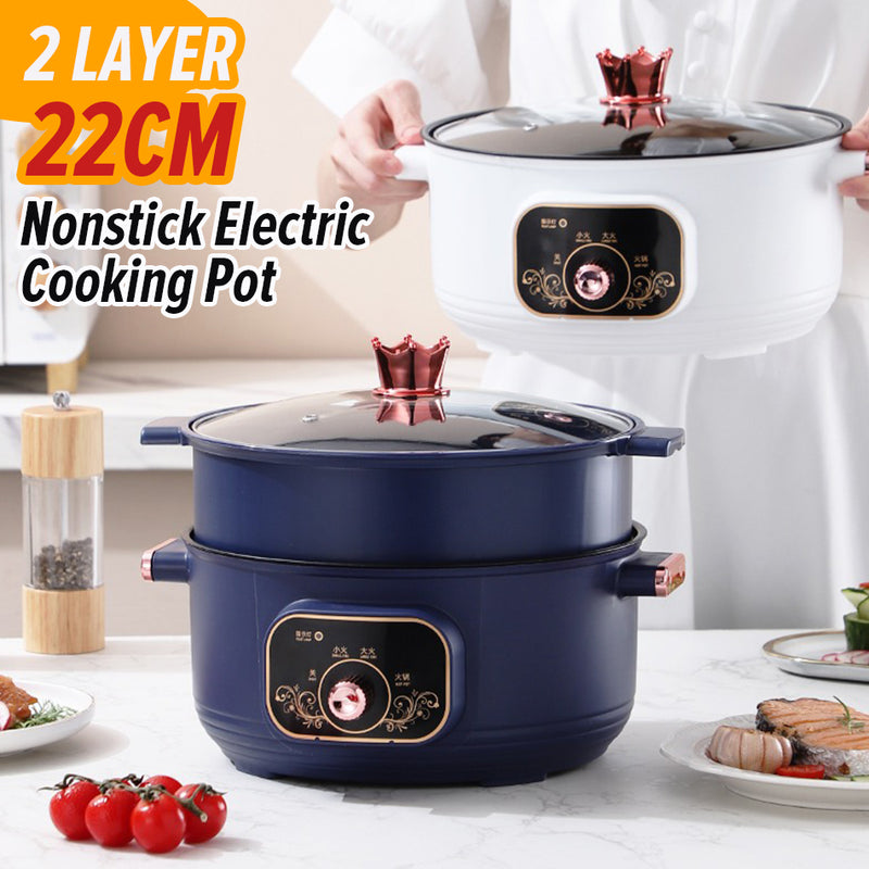 idrop [ 22CM ] 2 Layer Nonstick Electric Cooking Pot 800W / Periuk Memasak Elektrik Tidak Lekat / 22CM机械版二层不粘电蒸煮锅(塑 料蒸格玻璃盖)(800W)(英插