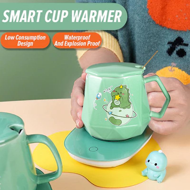 idrop [ 400ml ] Green Dinosaur Cup Warmer & Ceramic Cup Gift Box / Pemanas Cawan Kartun Cawan / 绿色恐龙陶瓷平盖钻石杯恒温礼盒 装(暖暖杯)