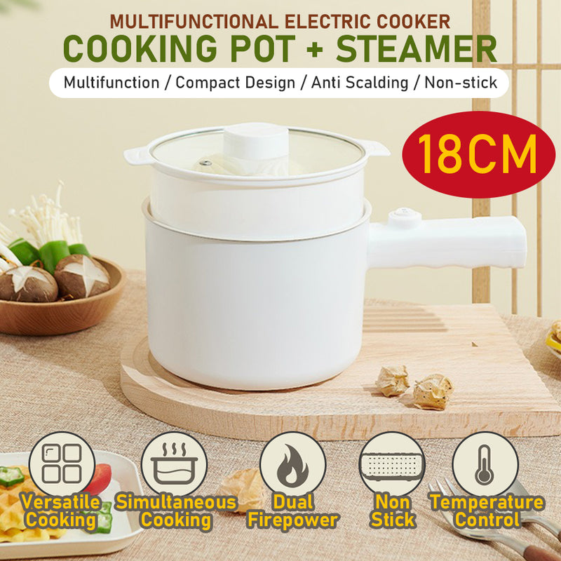 idrop [ 18CM ] Single Handle Nonstick Electric Cooking Pot with Steamer Layer / Periuk Kuali Elektrik Tidak Lekat & Stim / 18CM机械版小白单柄不粘电煮锅(塑料蒸格 )