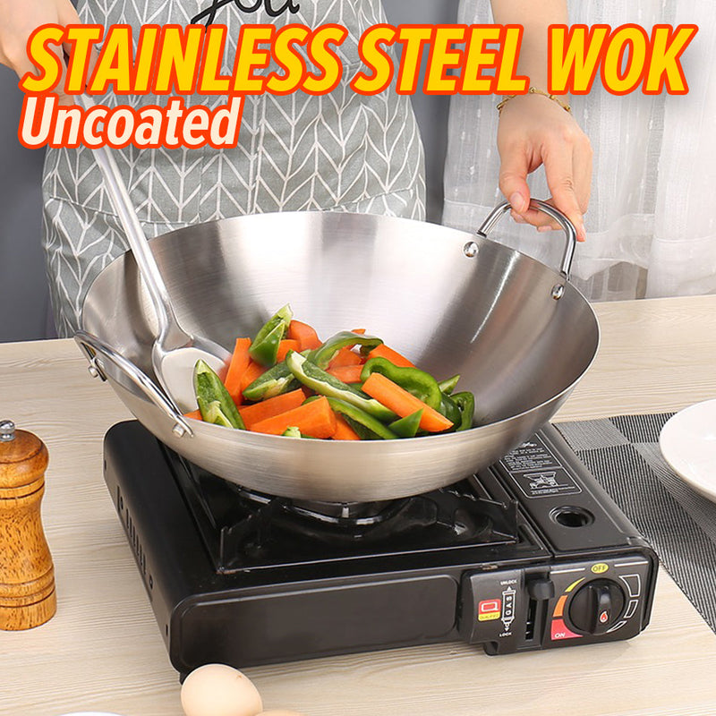 idrop Cooking Wok Double Ear Stainless Steel 304 26CM~36CM / Periuk Masak Keluli Tahan Karat 304 / 26CM-36CM不锈钢双耳砂光炒锅